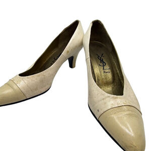 YSL Pointed Toe Cream Leather 35.5 Kitten Heel Pump